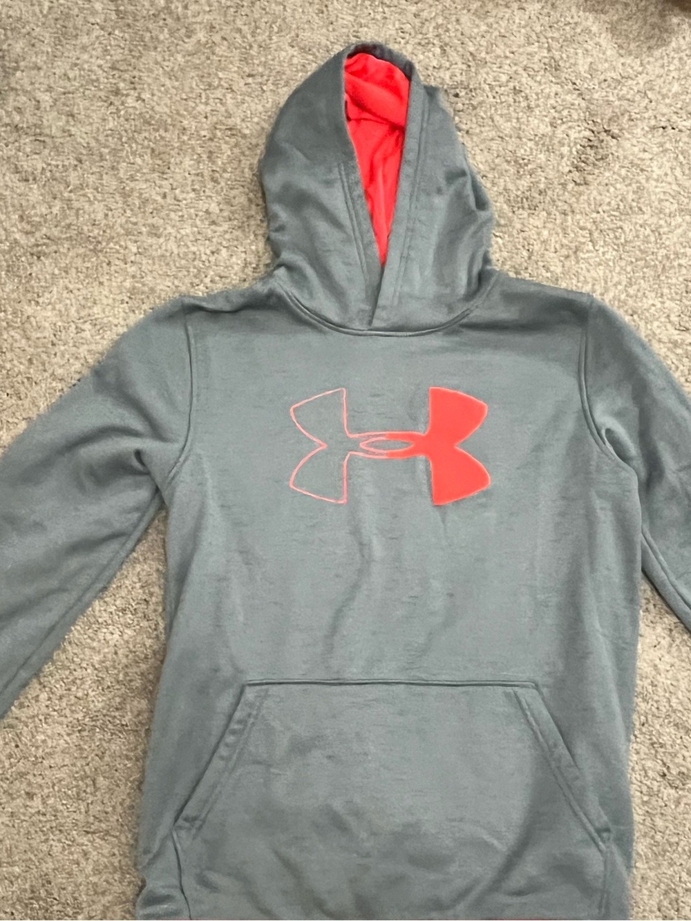 Under Armour Kids Gray Hoodie with Bright Coral Logo & Lining Athletic YLG